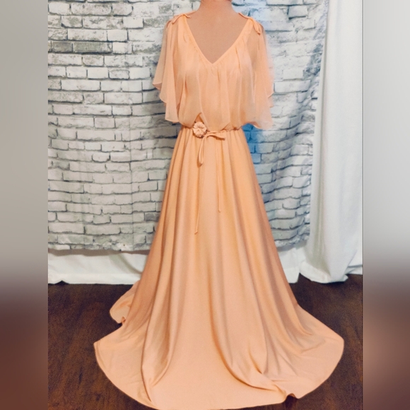 Vintage 70s melon Maxi Dress chiffon cape Super full   skirt shoulder ties SM - Picture 10 of 12